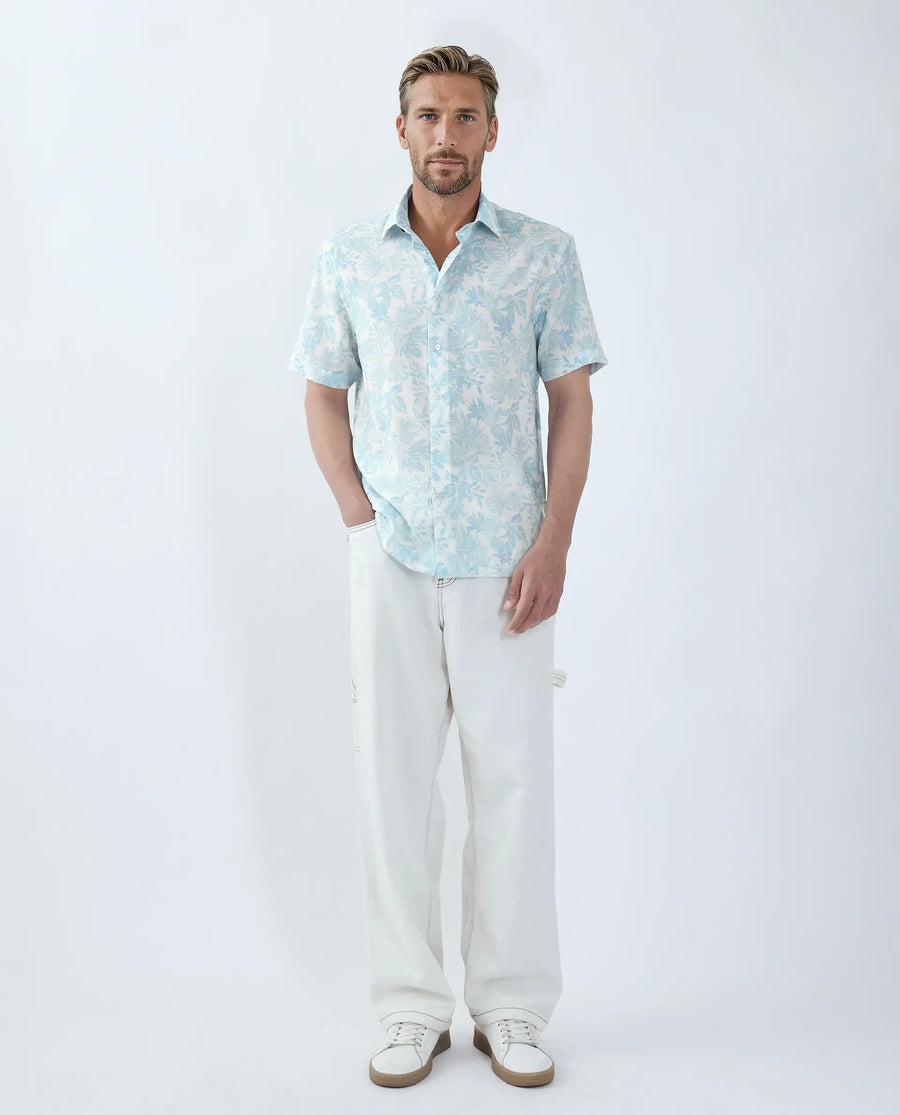 Rare Rabbit Men's Rage Pastel Blue Viscose Blend Tropical Print Regular Fit Half Sleeve Collared Shirt