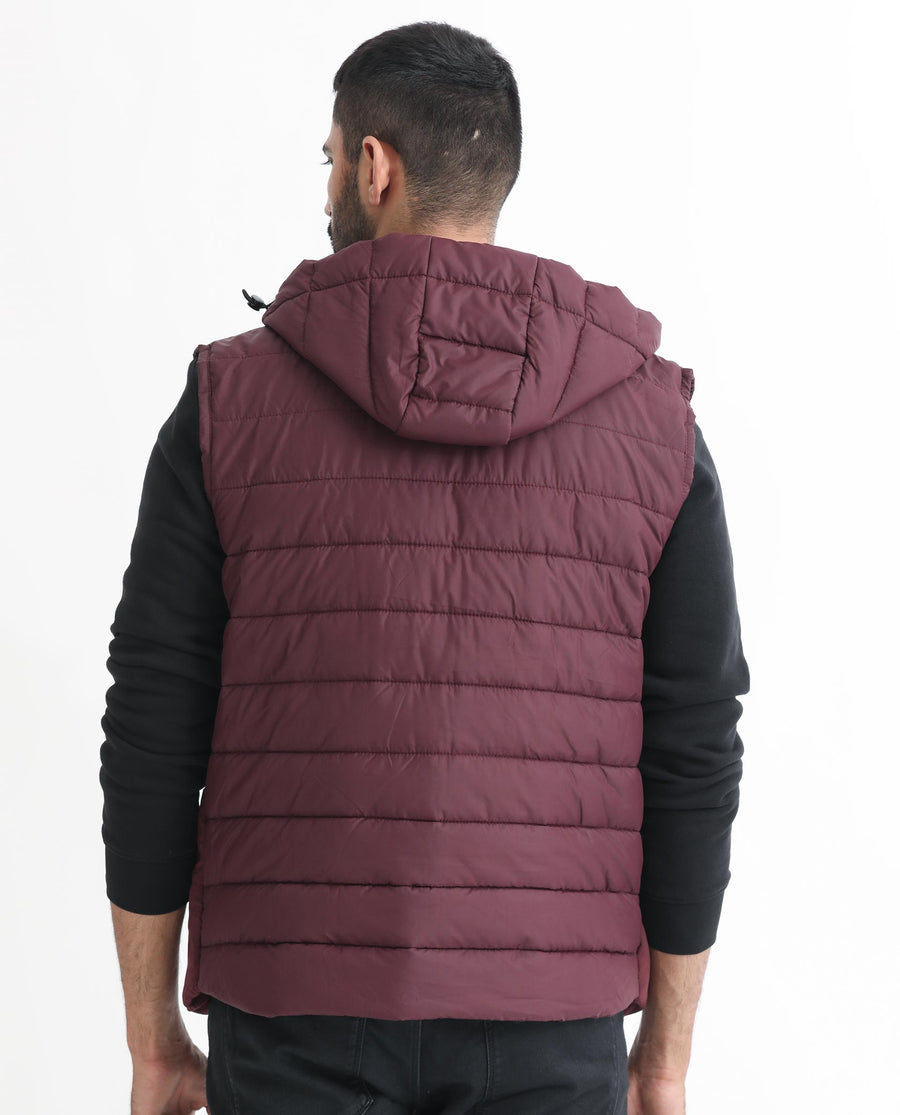 Rare Rabbit Men's Rald Maroon Suede Plain Regular Fit Sleeveless Hooded Jacket