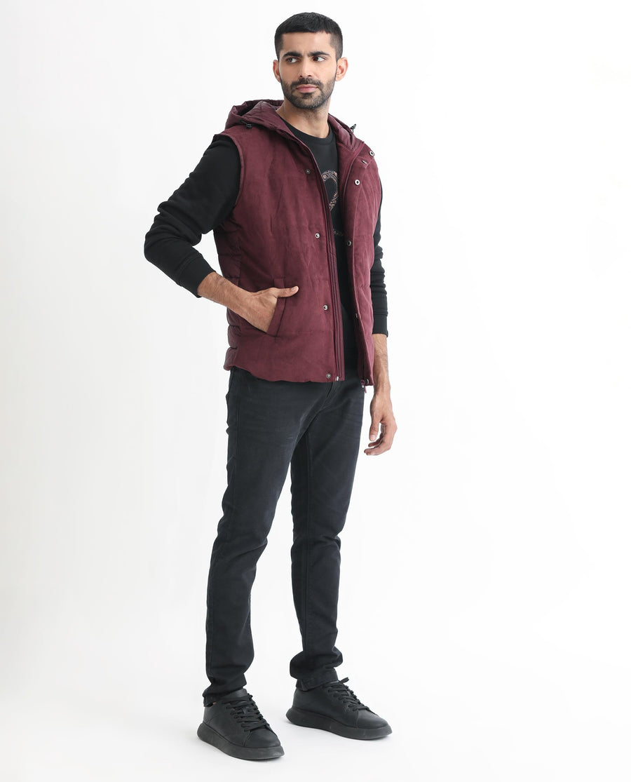 Rare Rabbit Men's Rald Maroon Suede Plain Regular Fit Sleeveless Hooded Jacket