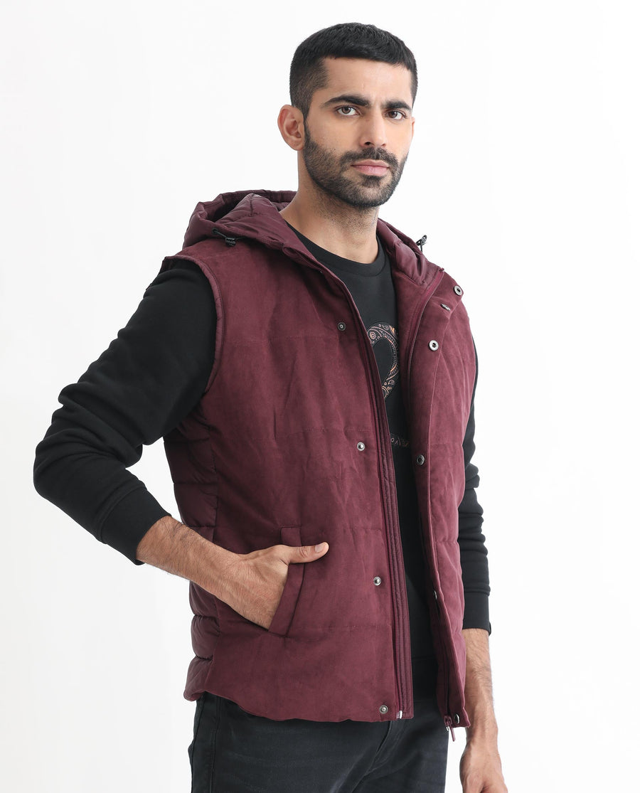 Rare Rabbit Men's Rald Maroon Suede Plain Regular Fit Sleeveless Hooded Jacket