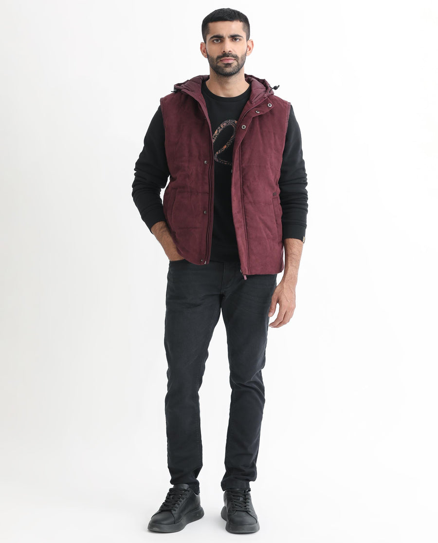 Rare Rabbit Men's Rald Maroon Suede Plain Regular Fit Sleeveless Hooded Jacket
