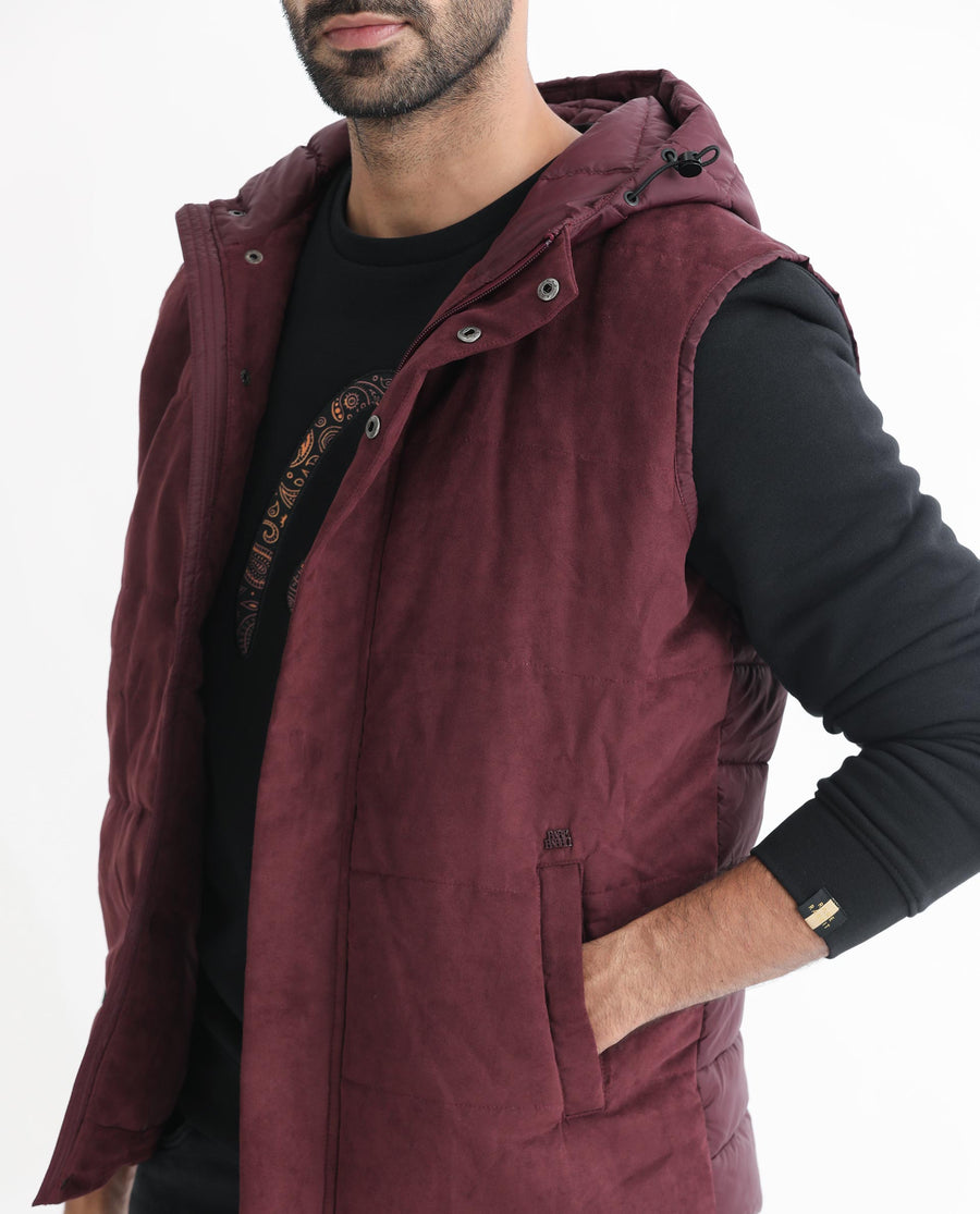 Rare Rabbit Men's Rald Maroon Suede Plain Regular Fit Sleeveless Hooded Jacket
