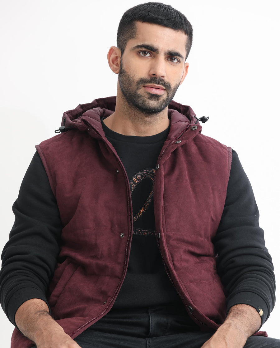 Rare Rabbit Men's Rald Maroon Suede Plain Regular Fit Sleeveless Hooded Jacket