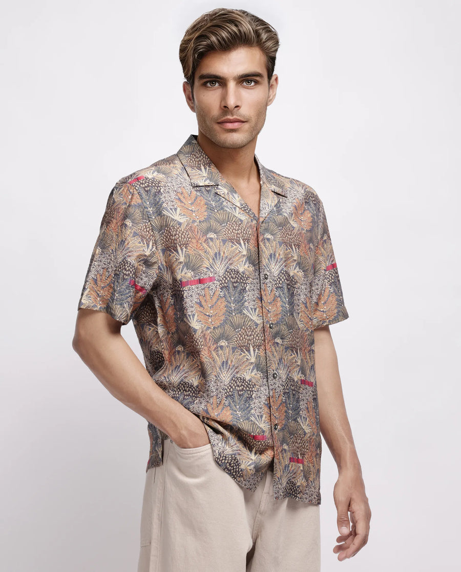 Rare Rabbit Men's Rake Light Olive Viscose Blend Tropical Print Boxy Fit Half Sleeve Cuban Collar Shirt