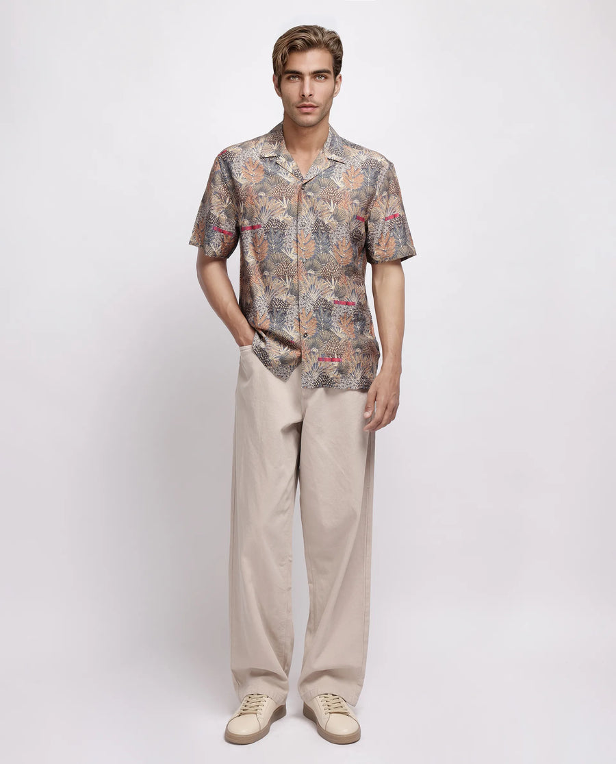 Rare Rabbit Men's Rake Light Olive Viscose Blend Tropical Print Boxy Fit Half Sleeve Cuban Collar Shirt