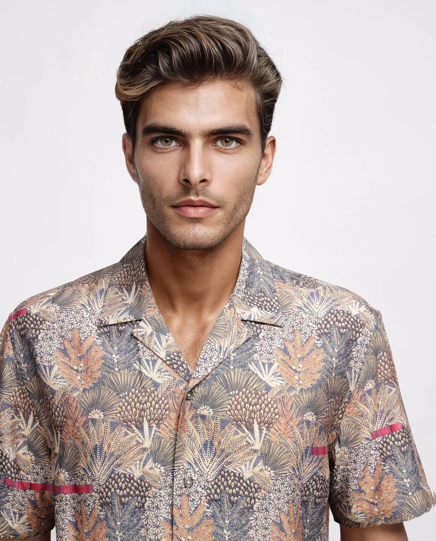 Rare Rabbit Men's Rake Light Olive Viscose Blend Tropical Print Boxy Fit Half Sleeve Cuban Collar Shirt