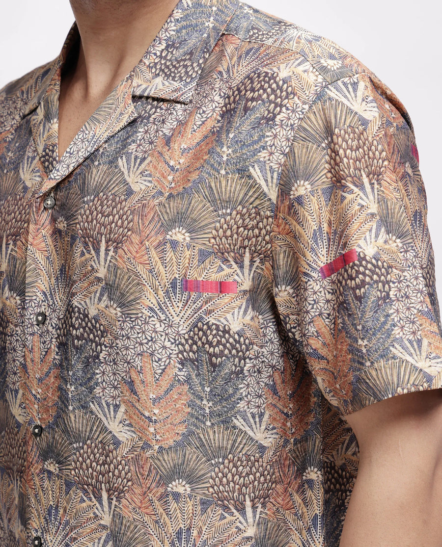 Rare Rabbit Men's Rake Light Olive Viscose Blend Tropical Print Boxy Fit Half Sleeve Cuban Collar Shirt