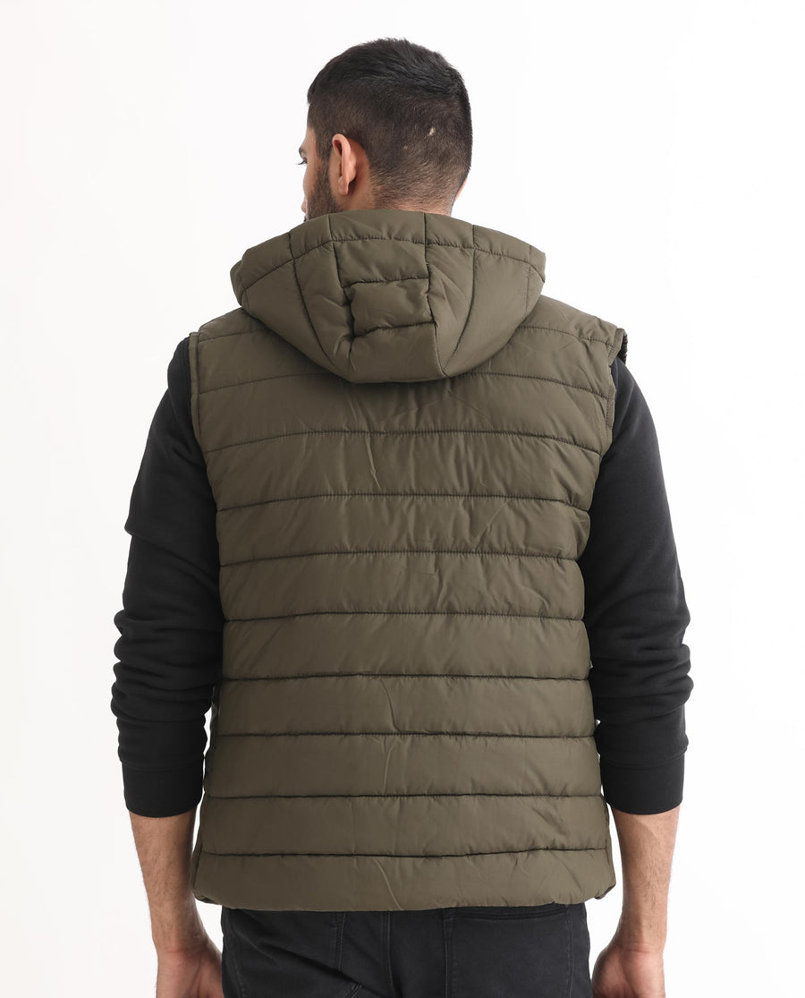 Rare Rabbit Men's Rald Olive Suede Plain Regular Fit Sleeveless Hooded Jacket