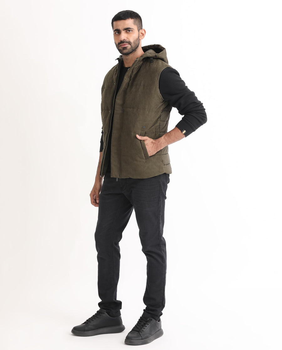 Rare Rabbit Men's Rald Olive Suede Plain Regular Fit Sleeveless Hooded Jacket