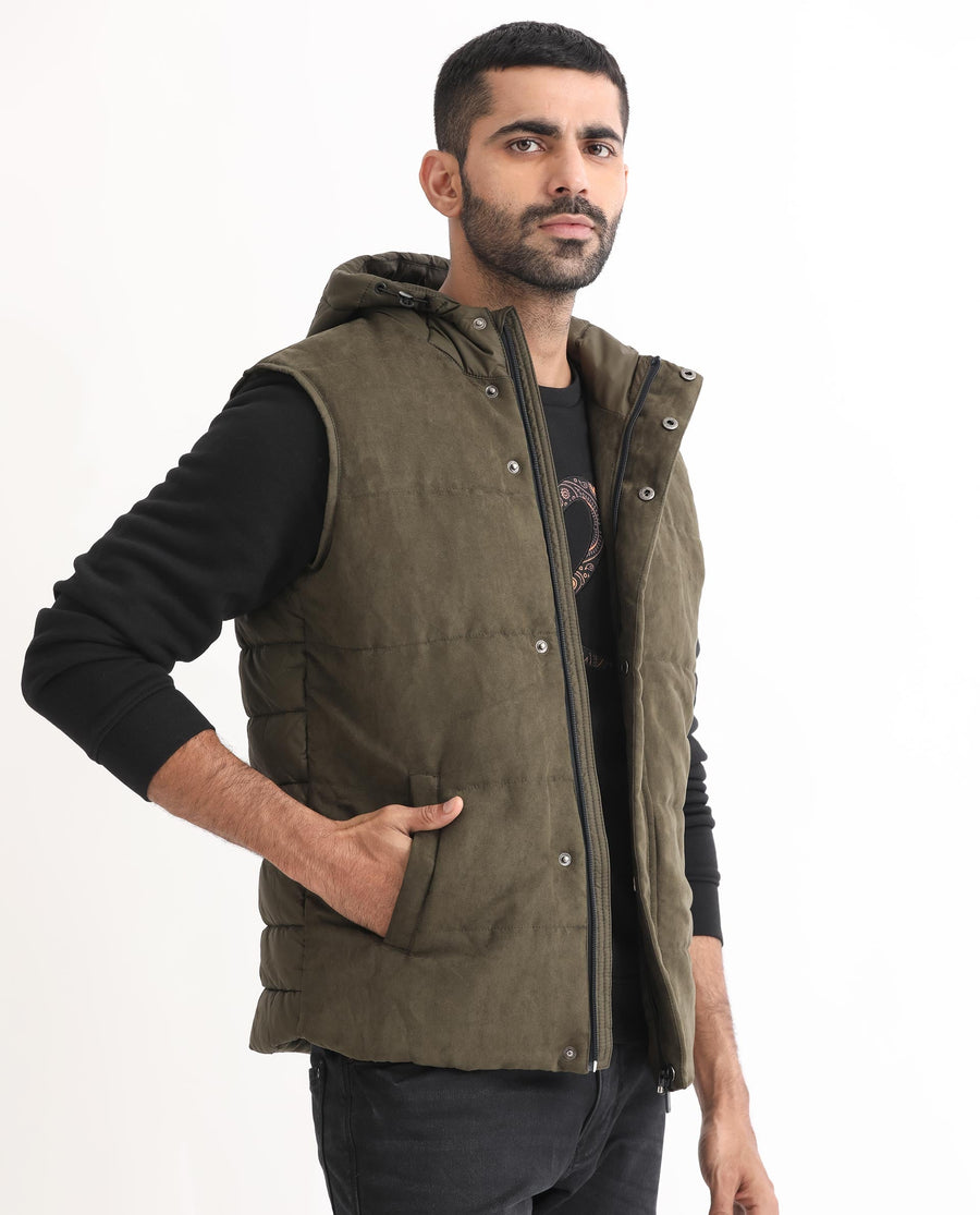 Rare Rabbit Men's Rald Olive Suede Plain Regular Fit Sleeveless Hooded Jacket