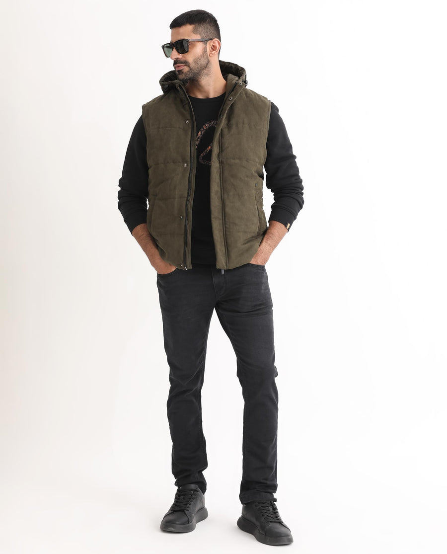 Rare Rabbit Men's Rald Olive Suede Plain Regular Fit Sleeveless Hooded Jacket