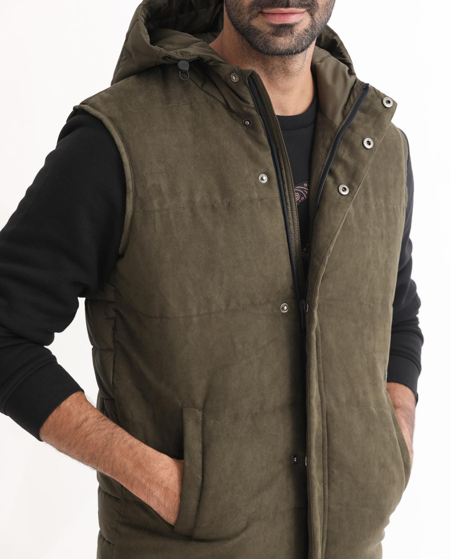 Rare Rabbit Men's Rald Olive Suede Plain Regular Fit Sleeveless Hooded Jacket