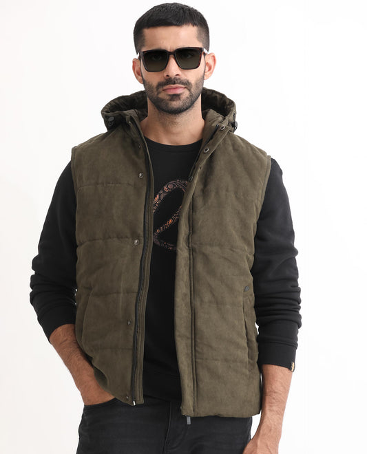 Rare Rabbit Men's Rald Olive Suede Plain Regular Fit Sleeveless Hooded Jacket