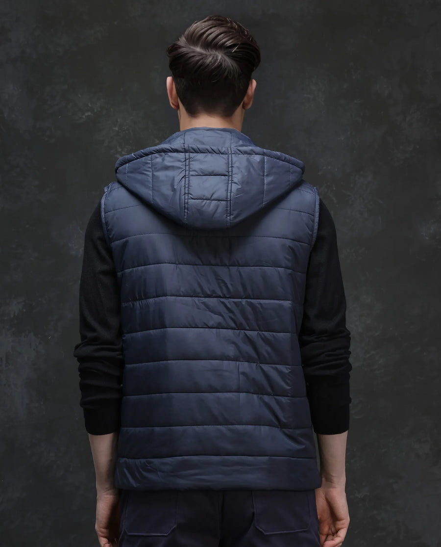 Rare Rabbit Men's Raldo - 2 Navy Polyester Plain Regular Fit Sleeveless High Neck Jacket