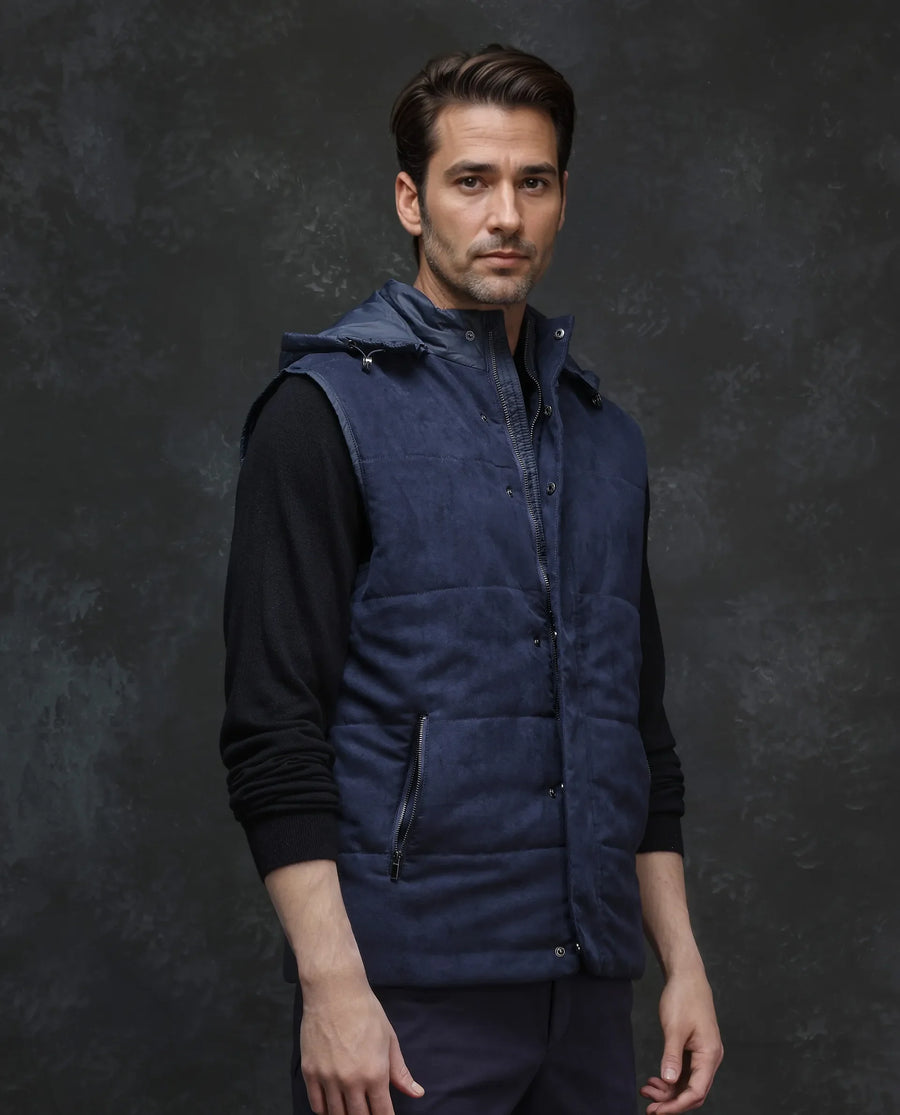 Rare Rabbit Men's Raldo - 2 Navy Polyester Plain Regular Fit Sleeveless High Neck Jacket