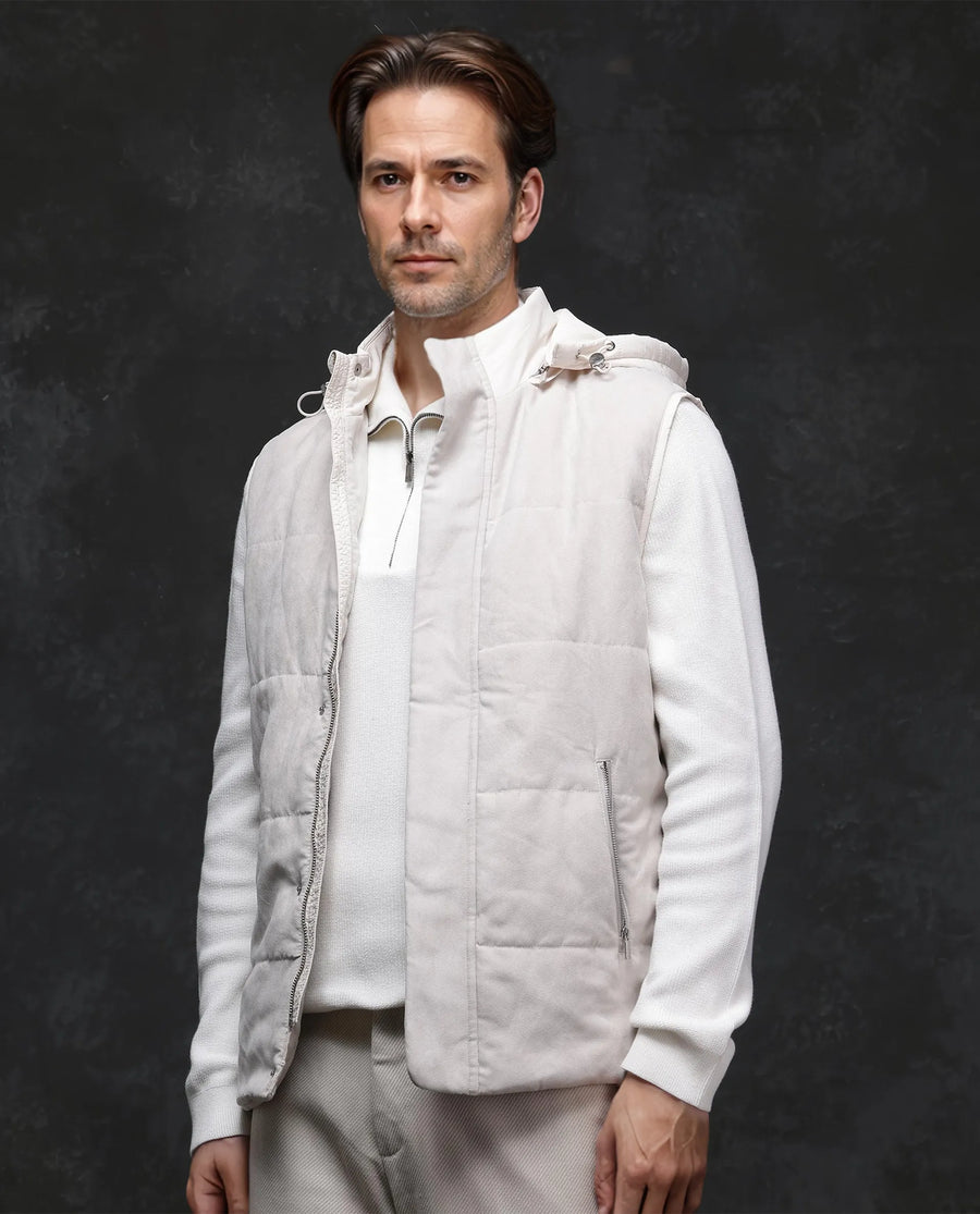 Rare Rabbit Men's Raldo -2 Off White Polyester Plain Regular Fit Sleeveless High Neck Jacket