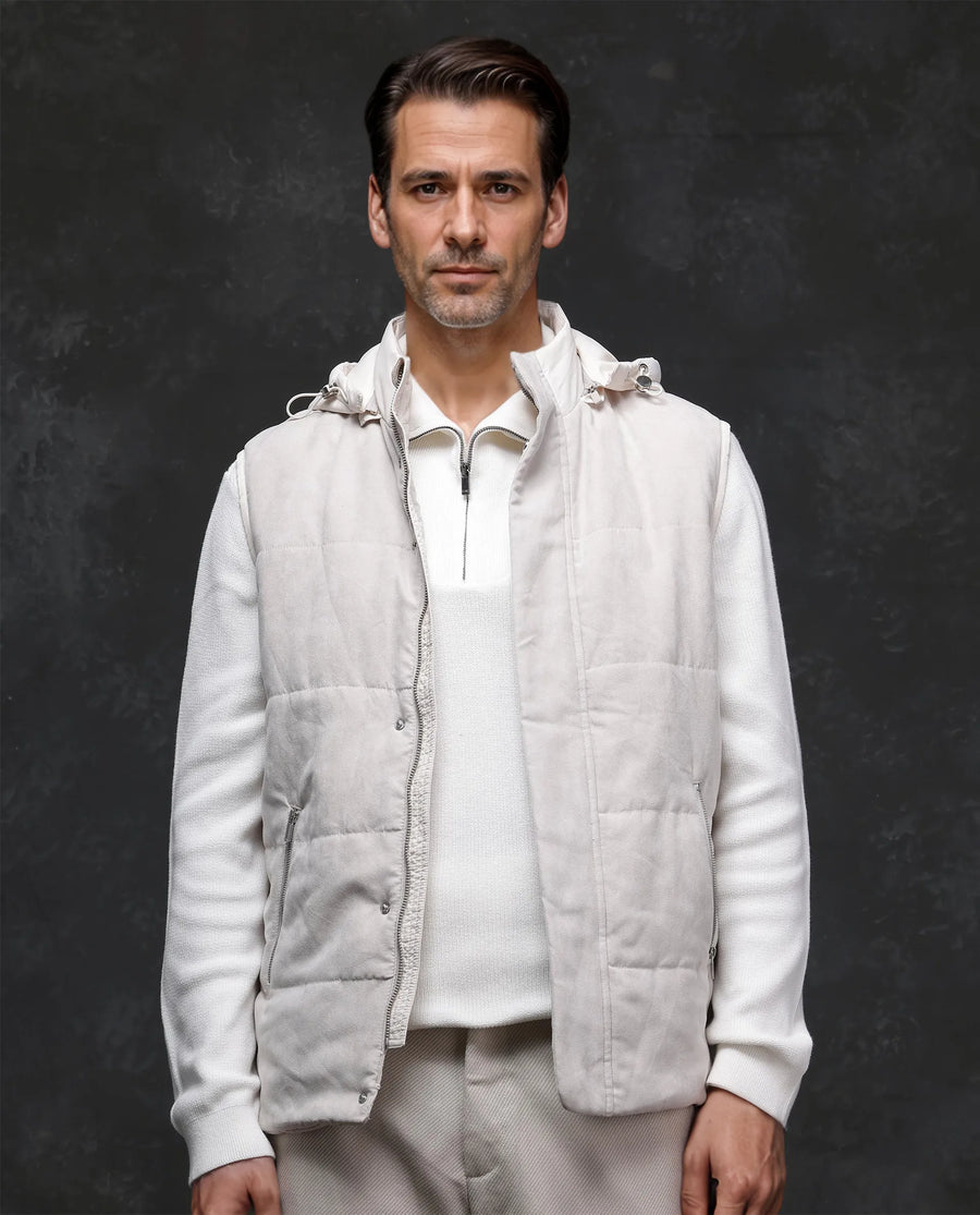 Rare Rabbit Men's Raldo -2 Off White Polyester Plain Regular Fit Sleeveless High Neck Jacket