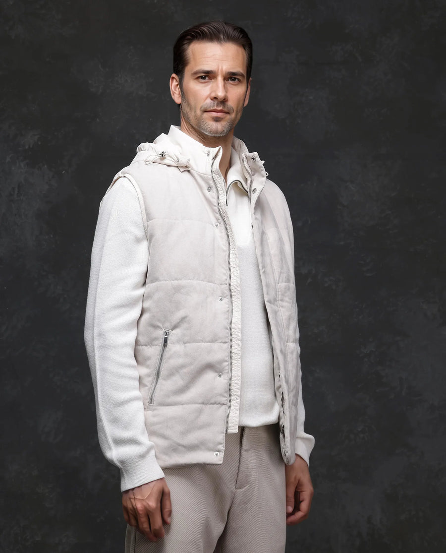 Rare Rabbit Men's Raldo -2 Off White Polyester Plain Regular Fit Sleeveless High Neck Jacket
