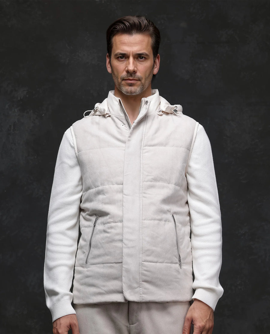 Rare Rabbit Men's Raldo -2 Off White Polyester Plain Regular Fit Sleeveless High Neck Jacket