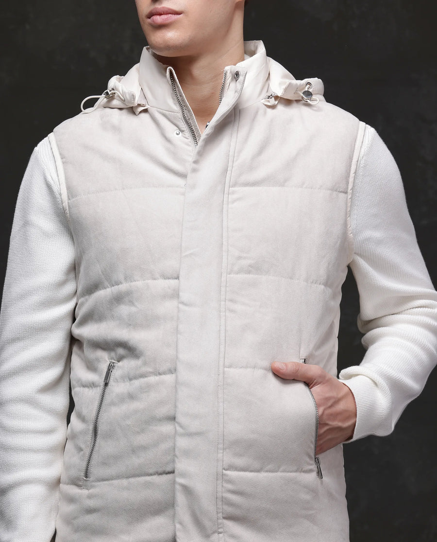 Rare Rabbit Men's Raldo -2 Off White Polyester Plain Regular Fit Sleeveless High Neck Jacket
