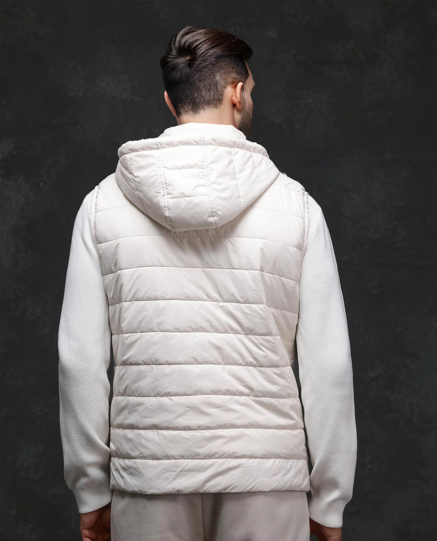 Rare Rabbit Men's Raldo -2 Off White Polyester Plain Regular Fit Sleeveless High Neck Jacket