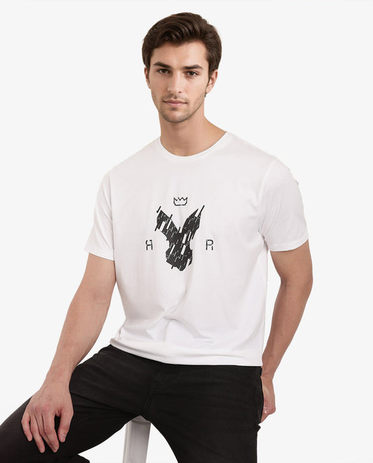 Rare Rabbit Men's Ranato White Cotton Graphic Print Regular Fit Half Sleeve Crew Neck T-Shirt