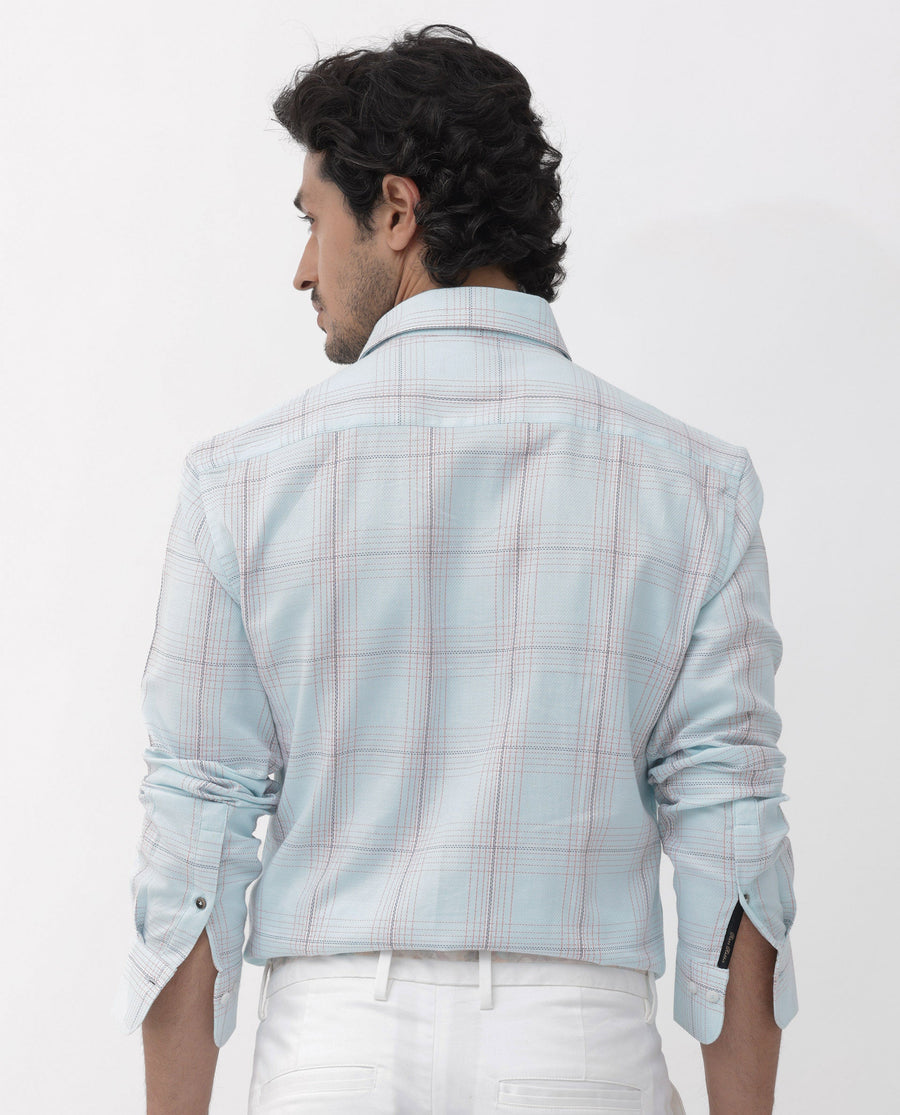 Rare Rabbit Men's Raul Light Blue Cotton Checked Print Regular Fit Full Sleeve Collared Shirt