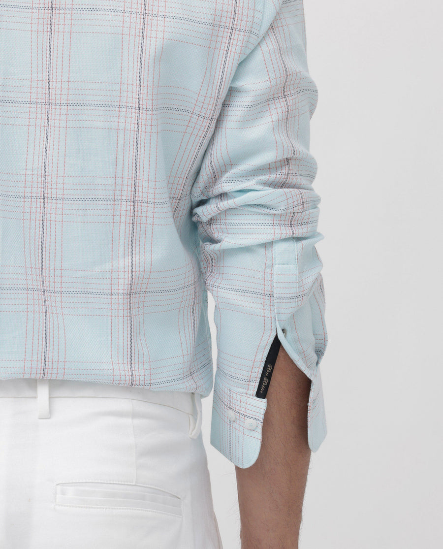 Rare Rabbit Men's Raul Light Blue Cotton Checked Print Regular Fit Full Sleeve Collared Shirt