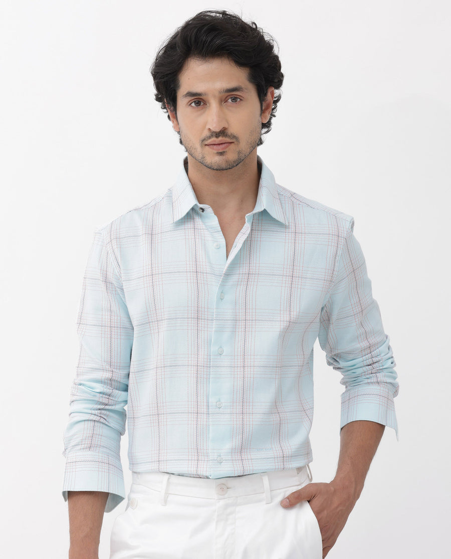 Rare Rabbit Men's Raul Light Blue Cotton Checked Print Regular Fit Full Sleeve Collared Shirt