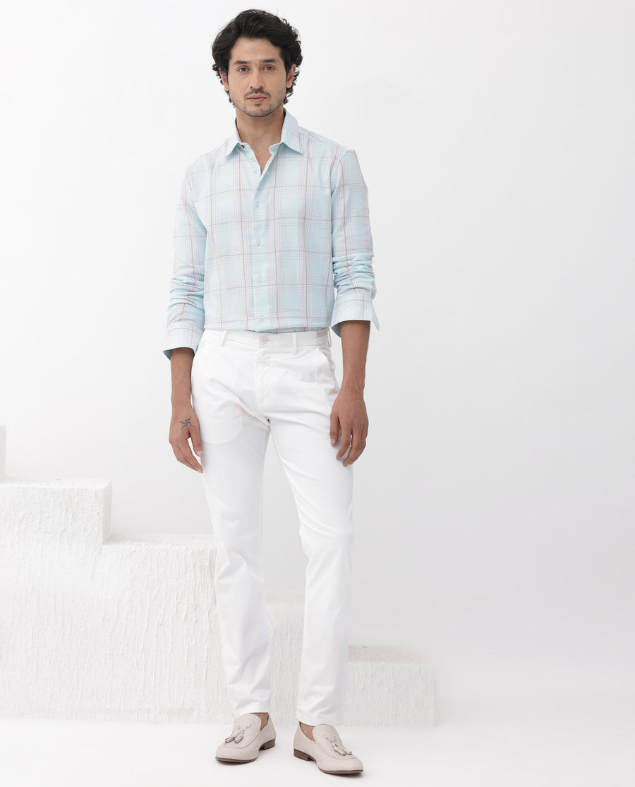 Rare Rabbit Men's Raul Light Blue Cotton Checked Print Regular Fit Full Sleeve Collared Shirt