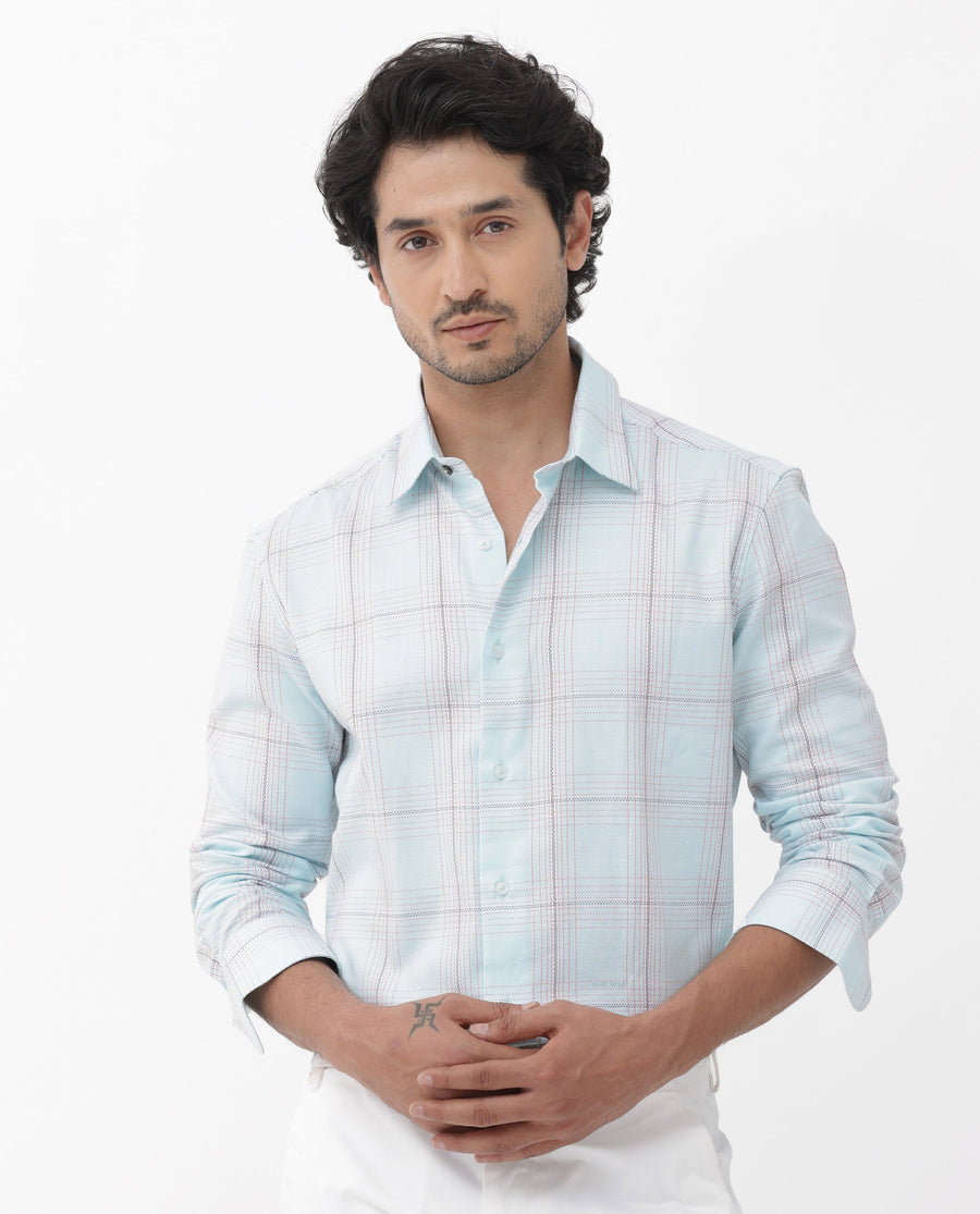 Rare Rabbit Men's Raul Light Blue Cotton Checked Print Regular Fit Full Sleeve Collared Shirt