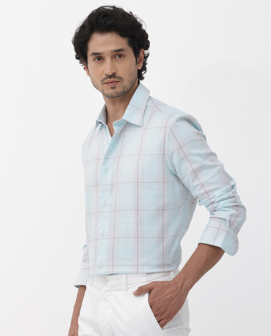 Rare Rabbit Men's Raul Light Blue Cotton Checked Print Regular Fit Full Sleeve Collared Shirt