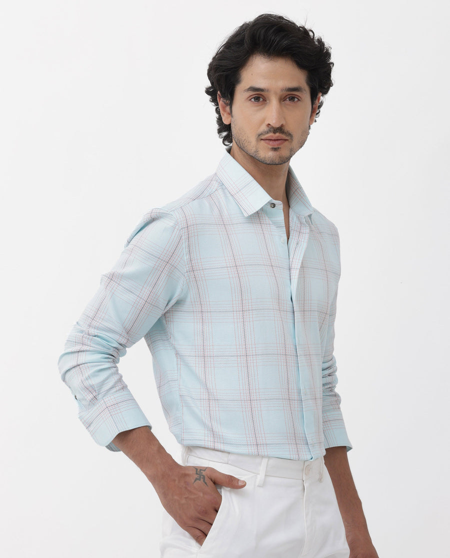 Rare Rabbit Men's Raul Light Blue Cotton Checked Print Regular Fit Full Sleeve Collared Shirt