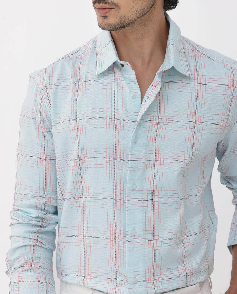Rare Rabbit Men's Raul Light Blue Cotton Checked Print Regular Fit Full Sleeve Collared Shirt