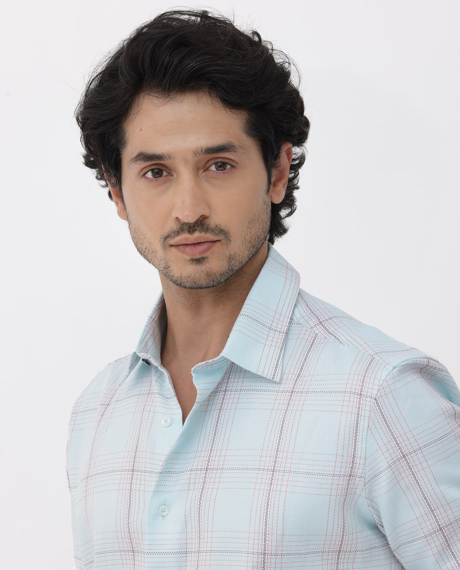 Rare Rabbit Men's Raul Light Blue Cotton Checked Print Regular Fit Full Sleeve Collared Shirt