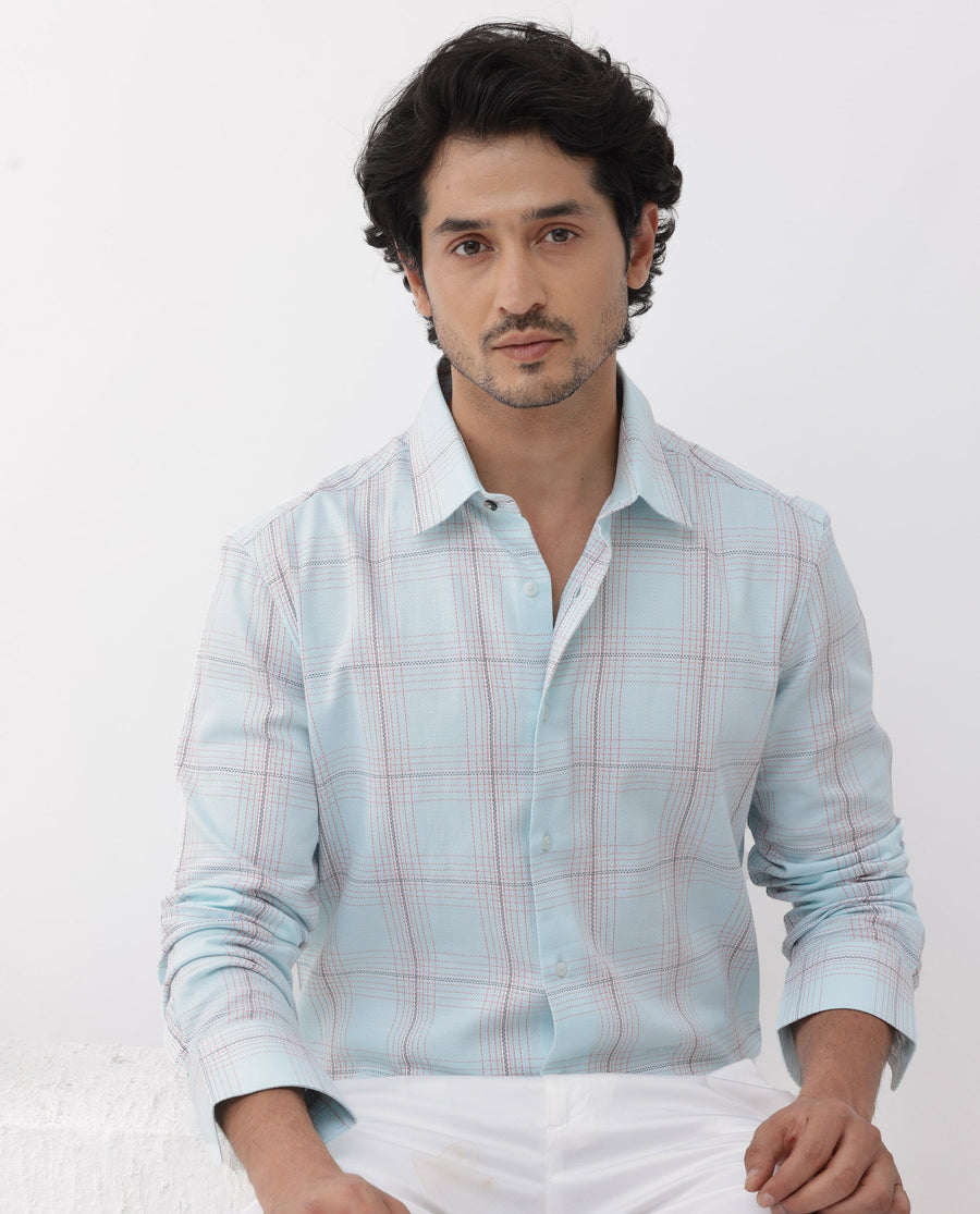 Rare Rabbit Men's Raul Light Blue Cotton Checked Print Regular Fit Full Sleeve Collared Shirt