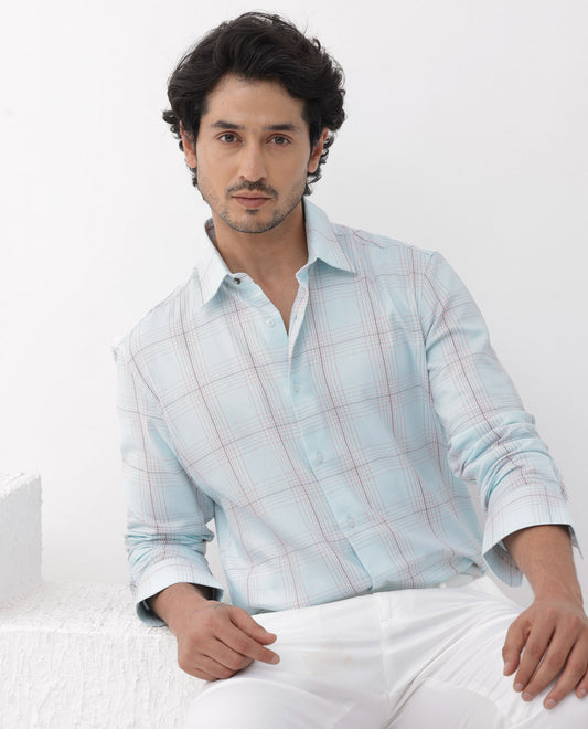 Rare Rabbit Men's Raul Light Blue Cotton Checked Print Regular Fit Full Sleeve Collared Shirt