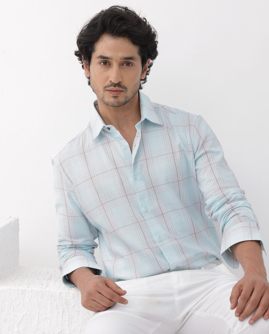 Rare Rabbit Men's Raul Light Blue Cotton Checked Print Regular Fit Full Sleeve Collared Shirt