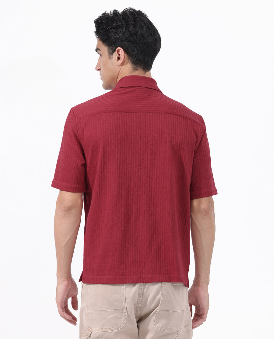 Rare Rabbit Men's Tano Red Cotton Blend Textured Boxy Fit Half Sleeve Collared Shirt