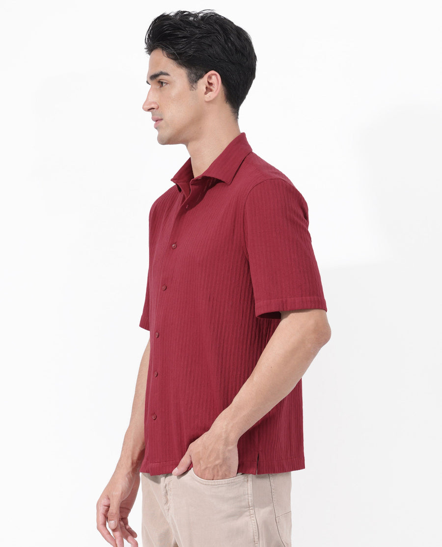 Rare Rabbit Men's Tano Red Cotton Blend Textured Boxy Fit Half Sleeve Collared Shirt