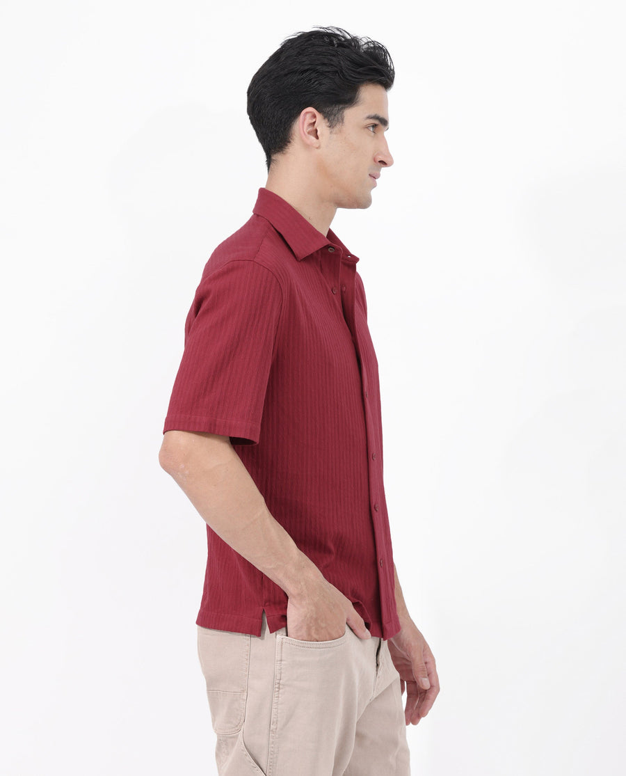 Rare Rabbit Men's Tano Red Cotton Blend Textured Boxy Fit Half Sleeve Collared Shirt