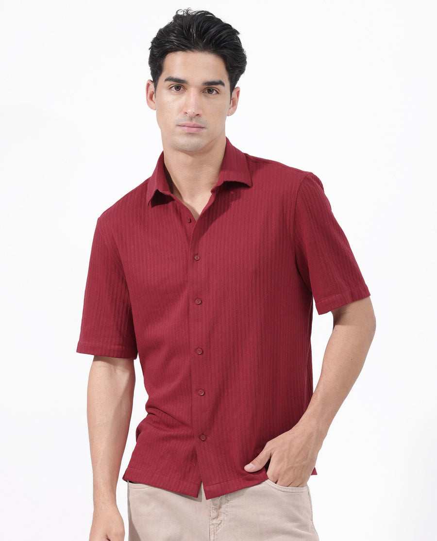 Rare Rabbit Men's Tano Red Cotton Blend Textured Boxy Fit Half Sleeve Collared Shirt