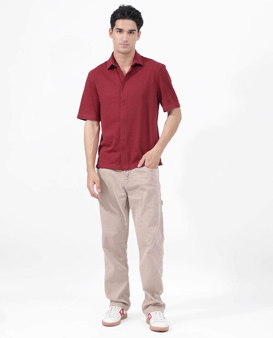 Rare Rabbit Men's Tano Red Cotton Blend Textured Boxy Fit Half Sleeve Collared Shirt