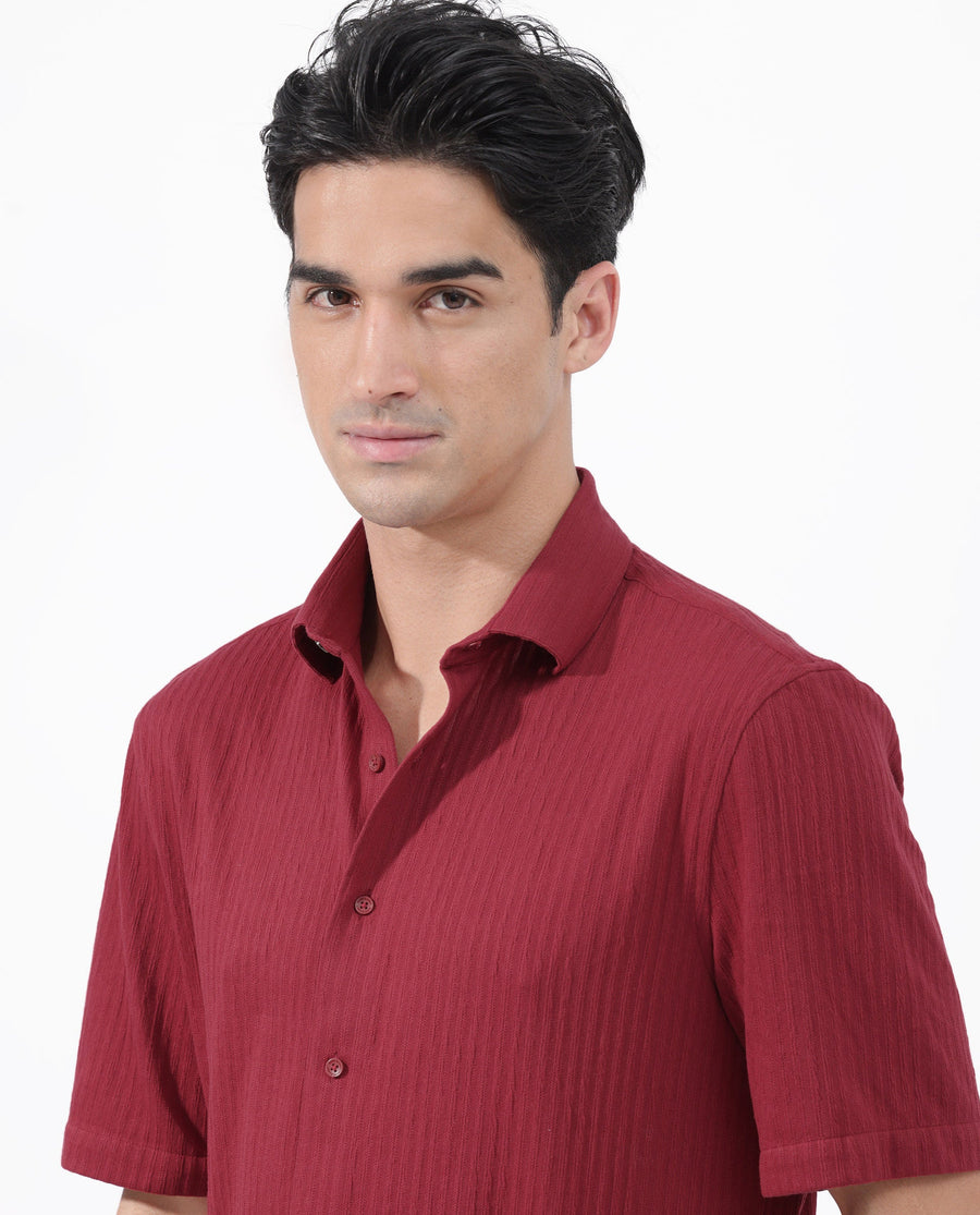 Rare Rabbit Men's Tano Red Cotton Blend Textured Boxy Fit Half Sleeve Collared Shirt