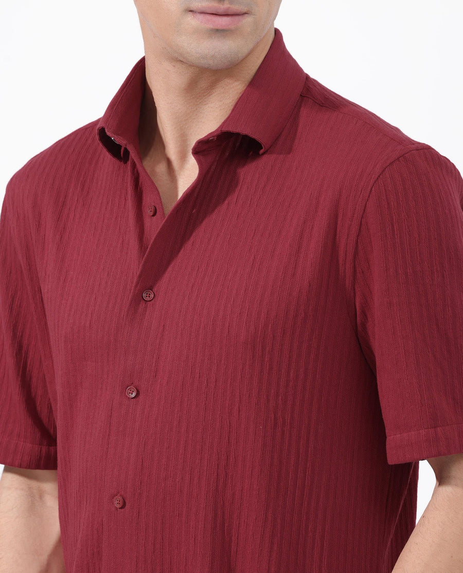 Rare Rabbit Men's Tano Red Cotton Blend Textured Boxy Fit Half Sleeve Collared Shirt