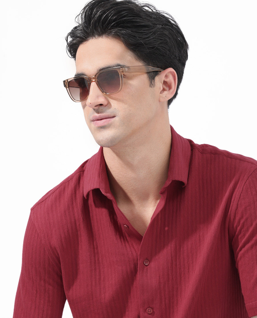 Rare Rabbit Men's Tano Red Cotton Blend Textured Boxy Fit Half Sleeve Collared Shirt