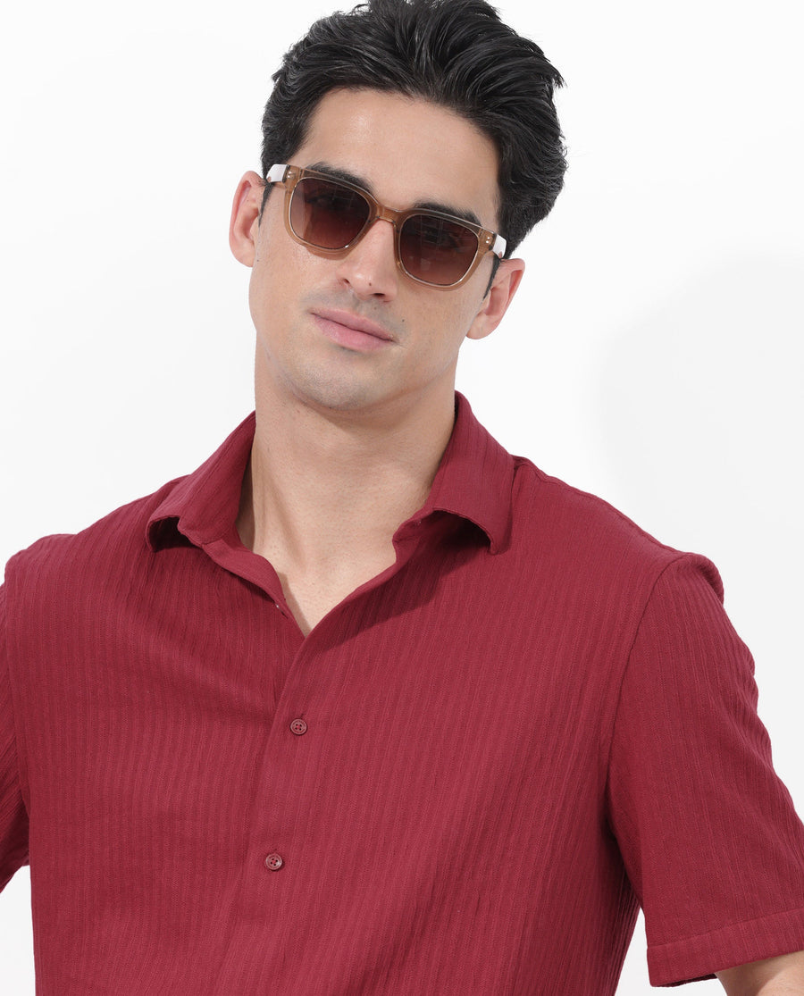 Rare Rabbit Men's Tano Red Cotton Blend Textured Boxy Fit Half Sleeve Collared Shirt