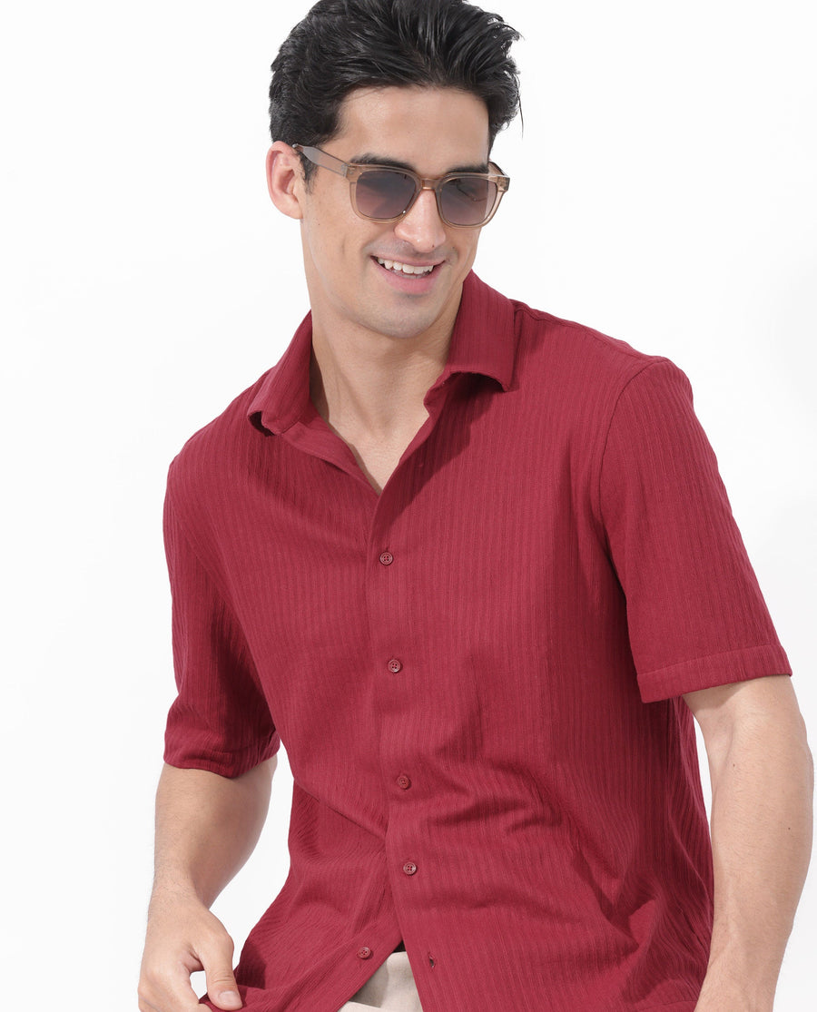 Rare Rabbit Men's Tano Red Cotton Blend Textured Boxy Fit Half Sleeve Collared Shirt