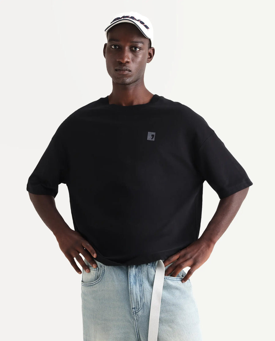 Rare Rabbit Men's Rano Black Cotton Graphic Print Oversized Fit Half Sleeve Crew Neck T-Shirt