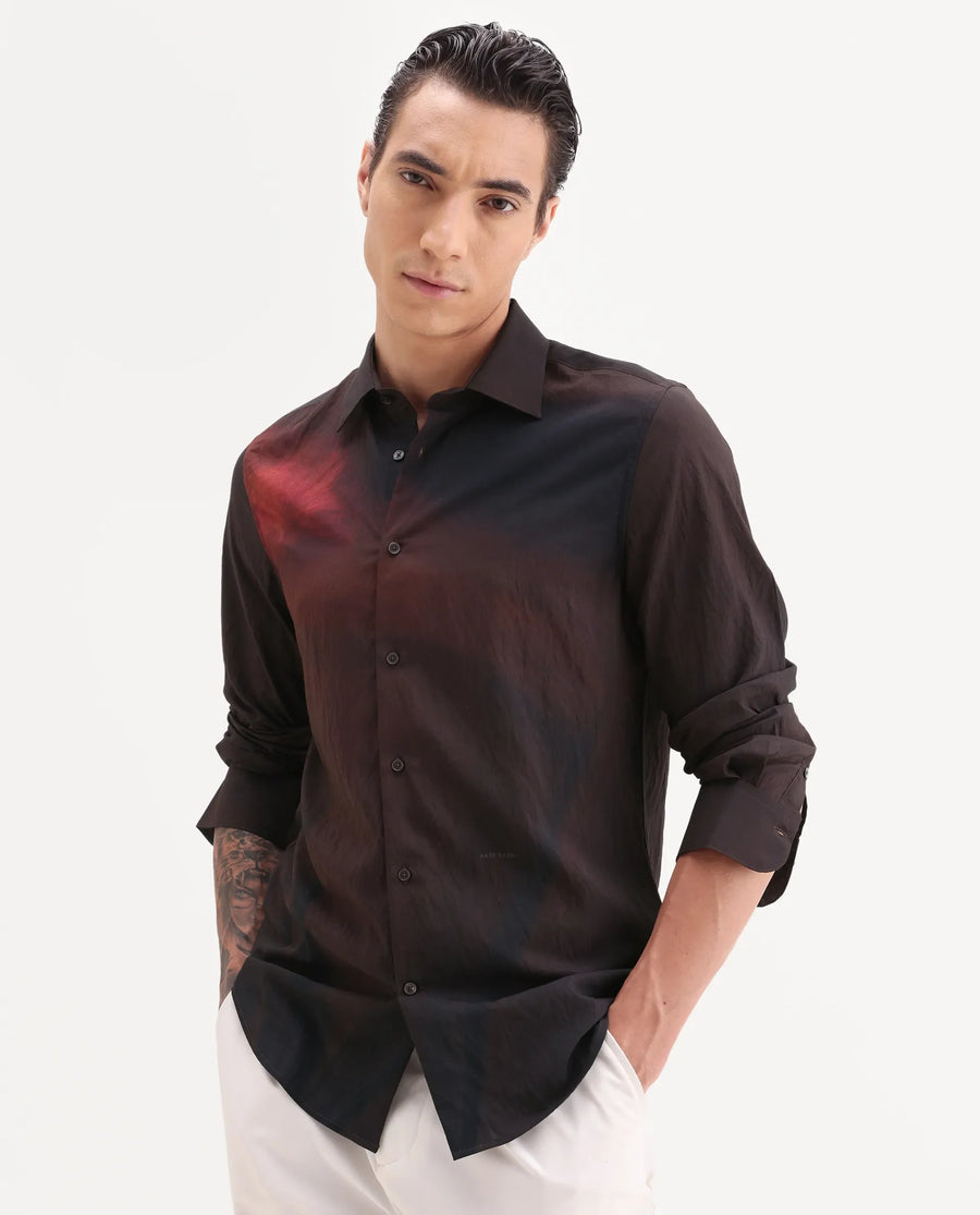 Rare Rabbit Men's Rano Dusky Brown Viscose Blend Fabric Collared Neck Regular Fit Abstract Print Shirt